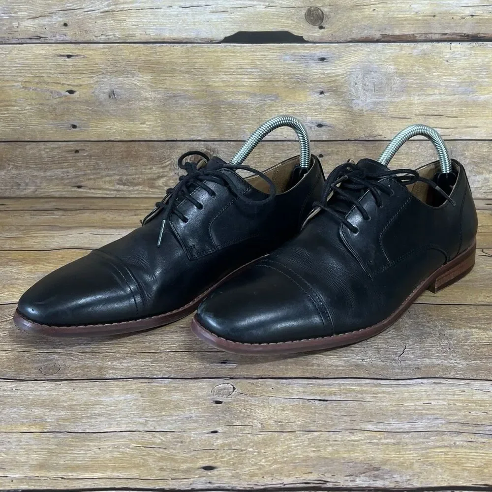 Black Leather Cap Toe Oxford Derby Dress Shoes SZ 7 Brown Stacked Heel‎ Mens